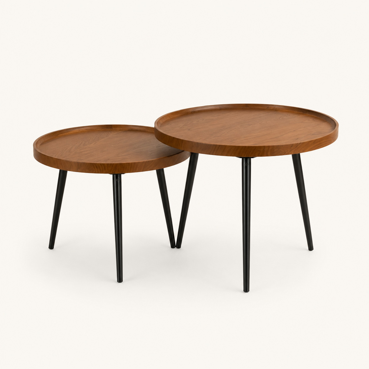 Set Coffee Tables NIDO de dos mesas auxiliares redondas en acabado madera con patas metálicas negras