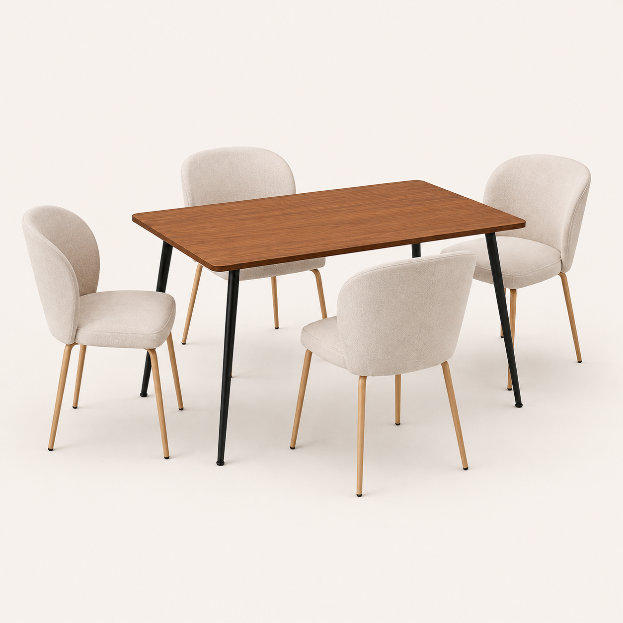 Comedor Alba para cuatro personas con sillas BOU beige y mesa NOMA en acabado madera