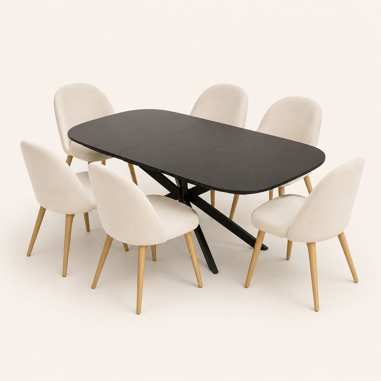 Comedor Aura para seis personas con sillas Elegance beige y mesa extensible de 160 cm